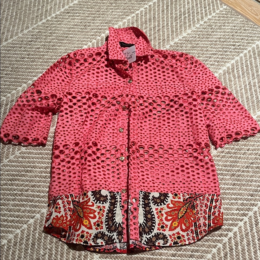 THAKOON Pink Eyelet Button-Up Shirt with Paisley Hem